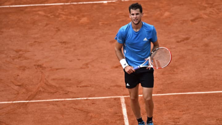 PARIS, FRANCE - JUNE 09: Dominic Thiem of Austria reacts during his man's singles match against Rafael Nadal of Spain on Day 15 of the 2019 French Open at Roland Garros on June 09, 2019 in Paris, France. (Photo by Aurelien Meunier/Getty Images)