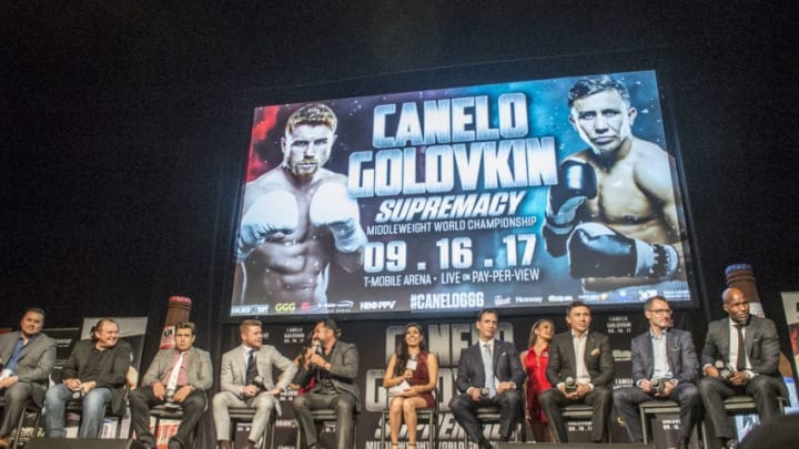 NEW YORK, NY - JUNE 20: Canelo Alvarez, Oscar De La Hoya, Gennady Golovkin and Bernard Hopkins on stage during the Canelo Alvarez vs Gennady Golovkin press conference at Madsion Square Garden June 20, 2017 in New York City. (Photo by Bill Tompkins/Getty Images)