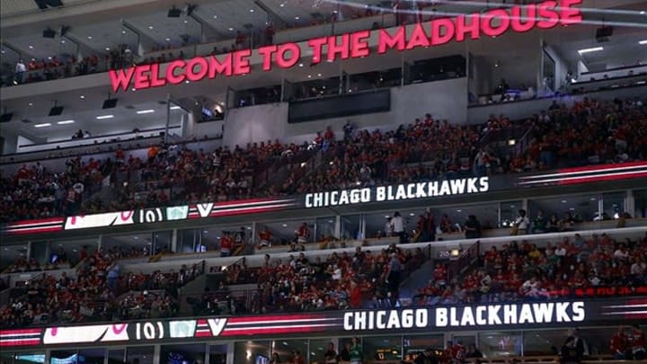 May 18, 2013; Chicago, IL, USA; A general view of the “welcome to the madhouse” sign in the first period of game two of the second round of the 2013 Stanley Cup Playoffs between the Chicago Blackhawks and the Detroit Red Wings at the United Center. Mandatory Credit: Jerry Lai-USA TODAY Sports