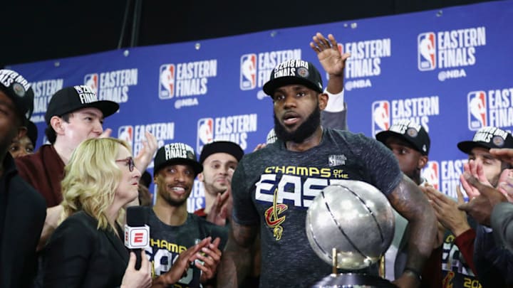 BOSTON, MA - MAY 27: LeBron James #23 of the Cleveland Cavaliers is interviewed by Doris Burke after defeating the Boston Celtics 87-79 in Game Seven of the 2018 NBA Eastern Conference Finals to advance to the 2018 NBA Finals at TD Garden on May 27, 2018 in Boston, Massachusetts. NOTE TO USER: User expressly acknowledges and agrees that, by downloading and or using this photograph, User is consenting to the terms and conditions of the Getty Images License Agreement. (Photo by Maddie Meyer/Getty Images)