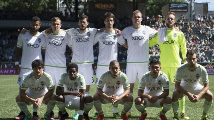 Aug 28, 2016; Portland, OR, USA; The Seattle Sounders starting eleven before a game against the Portland Timbers at Providence Park. The Timbers won 4-2. Mandatory Credit: Troy Wayrynen-USA TODAY Sports