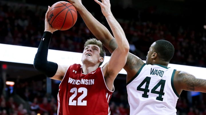 MADISON, WISCONSIN – FEBRUARY 12: Nick Ward #44 of the Michigan State Spartans blocks a shot attempt by Ethan Happ #22 of the Wisconsin Badgers in the first half at the Kohl Center on February 12, 2019 in Madison, Wisconsin. (Photo by Dylan Buell/Getty Images)