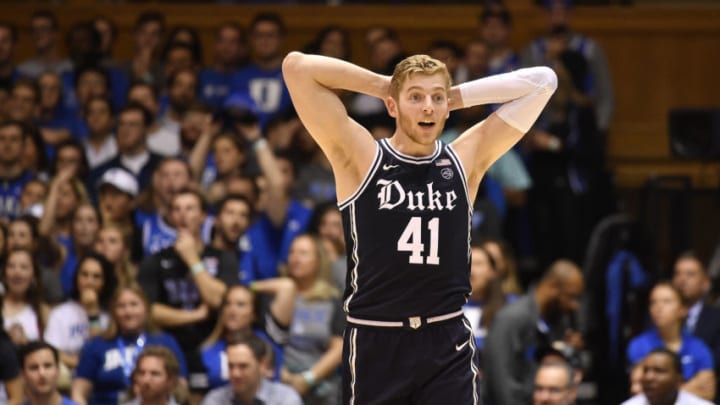 DURHAM, NORTH CAROLINA - JANUARY 11: Jack White #41 of the Duke Blue Devils reacts after being called for a foul against the Wake Forest Demon Deacons during the second half of their game at Cameron Indoor Stadium on January 11, 2020 in Durham, North Carolina. (Photo by Grant Halverson/Getty Images)