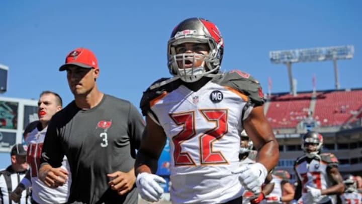 Oct 26, 2014; Tampa, FL, USA; Tampa Bay Buccaneers running back Doug Martin (22) runs off the field before facing the Minnesota Vikings at Raymond James Stadium. Mandatory Credit: David Manning-USA TODAY Sports