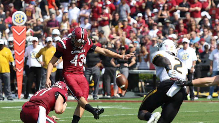 COLUMBIA, SC - OCTOBER 06: Parker White (43) place kicker of South Carolina kicks a field goal during a college football game between the Missouri Tigers and the South Carolina Gamecocks on October 6, 2018, at Williams-Brice Stadium in Columbia, SC. (Photo by John Byrum/Icon Sportswire via Getty Images)