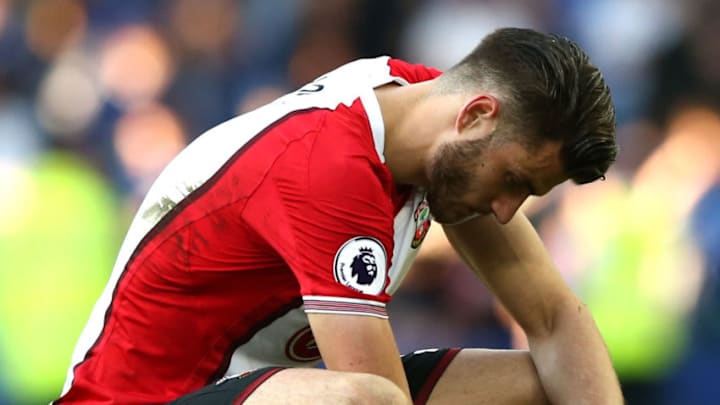 LIVERPOOL, ENGLAND - MAY 05: Wesley Hoedt of Southampton reacts at the full time whistle after the Premier League match between Everton and Southampton at Goodison Park on May 5, 2018 in Liverpool, England. (Photo by Jan Kruger/Getty Images)