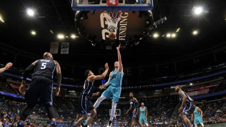 ORLANDO, FL - APRIL 6: Frank Kaminsky #44 of the Charlotte Hornets shoots the ball against the Orlando Magic on April 6, 2018 at Amway Center in Orlando, Florida. NOTE TO USER: User expressly acknowledges and agrees that, by downloading and or using this photograph, User is consenting to the terms and conditions of the Getty Images License Agreement. Mandatory Copyright Notice: Copyright 2018 NBAE (Photo by Fernando Medina/NBAE via Getty Images)