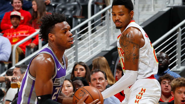 ATLANTA, GA – NOVEMBER 15: Buddy Hield #24 of the Sacramento Kings steals the ball from Kent Bazemore #24 of the Atlanta Hawks at Philips Arena on November 15, 2017 in Atlanta, Georgia. NOTE TO USER: User expressly acknowledges and agrees that, by downloading and or using this photograph, User is consenting to the terms and conditions of the Getty Images License Agreement. (Photo by Kevin C. Cox/Getty Images)