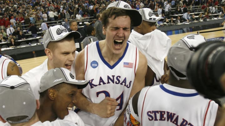 Kansas’ Sasha Kaun celebrates the Jayhawks’ 59-57 win over the Davidson Wildcats in the NCAA Midwest Regional men’s basketball final at Ford Field in Detroit, Michigan, on Sunday, March 30, 2008. (Photo by Travis Heying/Wichita Eagle/MCT via Getty Images)