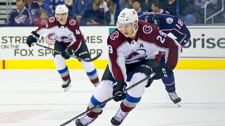 NHL DFS: COLUMBUS, OH - OCTOBER 9: Nathan MacKinnon #29 of the Colorado Avalanche controls the puck during the game against the Columbus Blue Jackets on October 9, 2018 at Nationwide Arena in Columbus, Ohio. (Photo by Kirk Irwin/Getty Images)