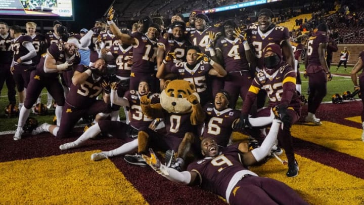MINNEAPOLIS, MN - OCTOBER 12: University of Minnesota Gophers celebrate post game after the game between the Minnesota Gophers and the University of Nebraska on October 12, 2019, at TCF Bank Stadium in Minneapolis, MN. (Photo by Bryan Singer/Icon Sportswire via Getty Images)