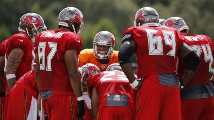 Jul 30, 2016; Tampa, FL, USA; Tampa Bay Buccaneers quarterback Jameis Winston (3) huddles up with teammates at One Buccaneer Place. Mandatory Credit: Kim Klement-USA TODAY Sports