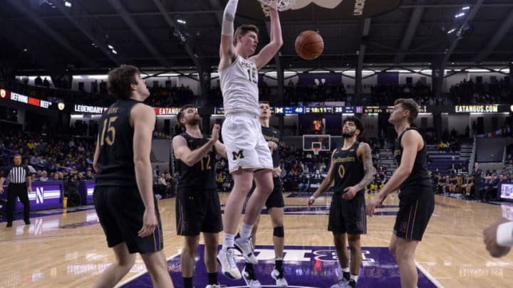 EVANSTON, ILLINOIS - FEBRUARY 12: Jon Teske #15 of the Michigan Wolverines shoots against the Northwestern Wildcats at Welsh-Ryan Arena on February 12, 2020 in Evanston, Illinois. (Photo by Quinn Harris/Getty Images)