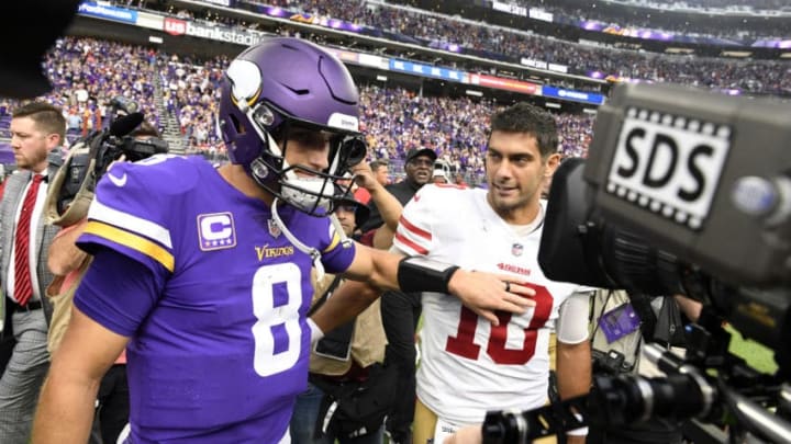 Kirk Cousins #8 of the Minnesota Vikings and Jimmy Garoppolo #10 of the San Francisco 49ers (Photo by Hannah Foslien/Getty Images)
