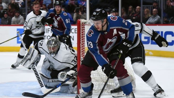 DENVER, CO MARCH 22: Colorado Avalanche center Nathan MacKinnon (29) skates the puck behind the Los Angeles Kings goal during the first period on March 22, 2018 at Pepsi Center in Denver, Colorado. (Photo by John Leyba/The Denver Post via Getty Images)