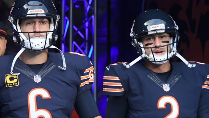 Sep 19, 2016; Chicago, IL, USA; Chicago Bears quarterback Jay Cutler (6) and quarterback Brian Hoyer (2) takes the field prior to the game against the Philadelphia Eagles at Soldier Field. Mandatory Credit: Mike DiNovo-USA TODAY Sports