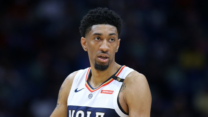 NEW ORLEANS, LOUISIANA – APRIL 09: Christian Wood #35 of the New Orleans Pelicans reacts during the first half against the Golden State Warriors at the Smoothie King Center on April 09, 2019 in New Orleans, Louisiana. NOTE TO USER: User expressly acknowledges and agrees that, by downloading and or using this photograph, User is consenting to the terms and conditions of the Getty Images License Agreement. (Photo by Jonathan Bachman/Getty Images)
