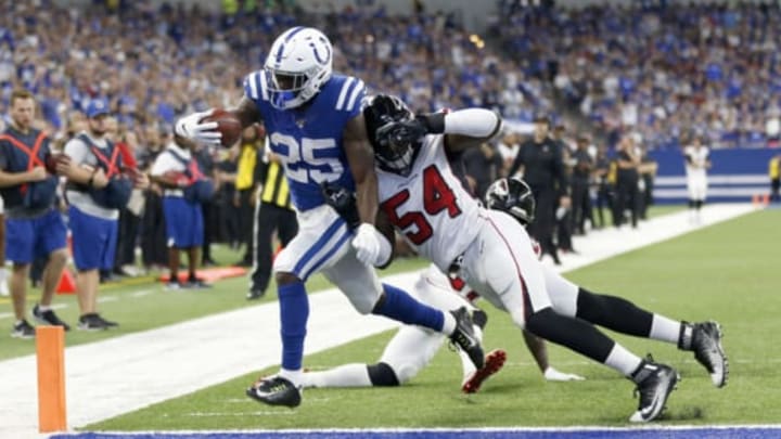 INDIANAPOLIS, INDIANA – SEPTEMBER 22: Marlon Mack #25 of the Indianapolis Colts runs the ball for a touchdown during the fourth quarter in the game against the Atlanta Falcons at Lucas Oil Stadium on September 22, 2019 in Indianapolis, Indiana. (Photo by Justin Casterline/Getty Images)