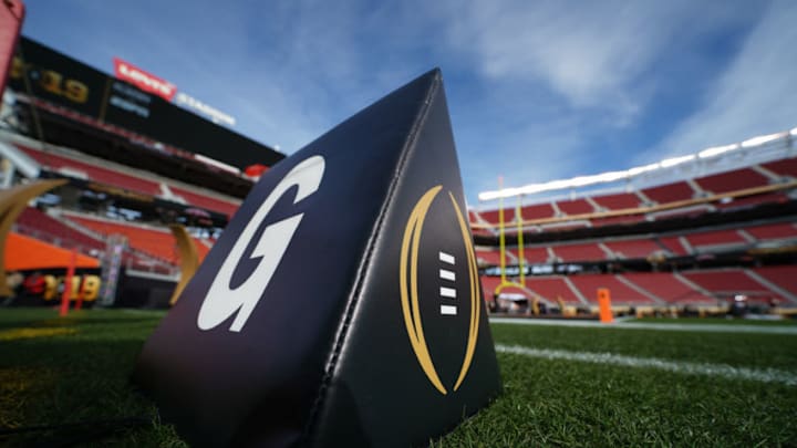 SANTA CLARA, CA - JANUARY 07: A goal line pylon prior to the start of the Alabama Crimson Tide's game versus the Clemson Tigers in the College Football Playoff National Championship game on January 7, 2019, at Levi's Stadium in Santa Clara, CA. (Photo by Robin Alam/Icon Sportswire via Getty Images)