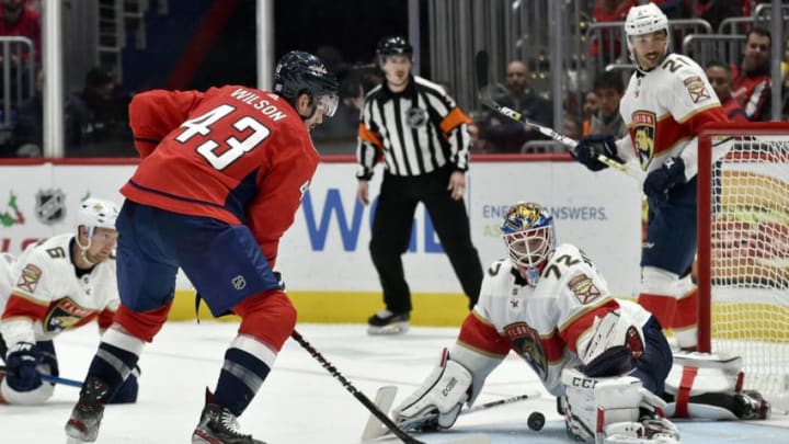 WASHINGTON, DC - NOVEMBER 27: Panthers goalie Sergei Bobrovsky (72) makes a save on Capitals right wing Tom Wilson (43) during the Florida Panthers vs. Washington Capitals on November 27, 2019 at Capital One Arena in Washington, D.C.. (Photo by Randy Litzinger/Icon Sportswire via Getty Images)