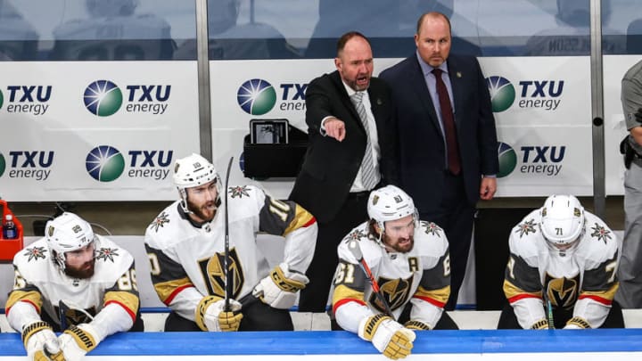 Head coach Peter DeBoer of the Vegas Golden Knights reacts against the Dallas Stars during the third period in Game Three of the Western Conference Final. (Photo by Bruce Bennett/Getty Images)