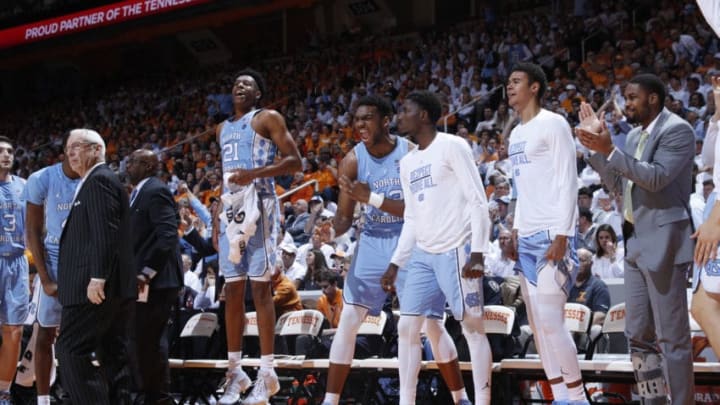 KNOXVILLE, TN - DECEMBER 17: North Carolina Tar Heels players react late in the second half of a game against the Tennessee Volunteers at Thompson-Boling Arena on December 17, 2017 in Knoxville, Tennessee. North Carolina won 78-73. (Photo by Joe Robbins/Getty Images)