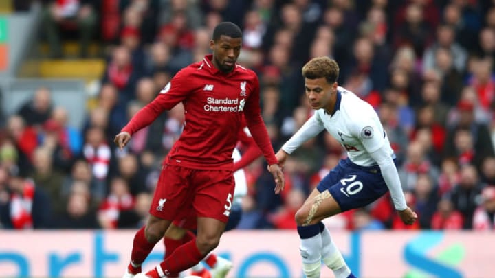 LIVERPOOL, ENGLAND - MARCH 31: Georginio Wijnaldum of Liverpool and Dele Alli of Tottenham Hotspur during the Premier League match between Liverpool FC and Tottenham Hotspur at Anfield on March 31, 2019 in Liverpool, United Kingdom. (Photo by Clive Brunskill/Getty Images)