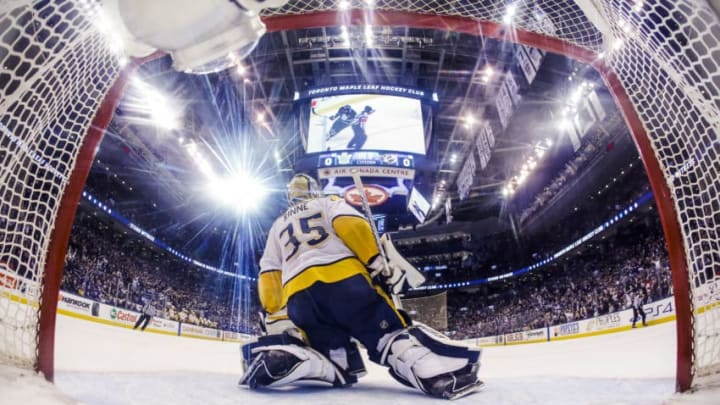 TORONTO, ON - FEBRUARY 7: Pekka Rinne #35 of the Nashville Predators takes the net against the Toronto Maple Leafs during the third period at the Air Canada Centre on February 7, 2018 in Toronto, Ontario, Canada. (Photo by Mark Blinch/NHLI via Getty Images)