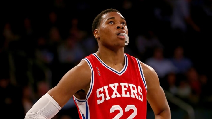 NEW YORK, NY – DECEMBER 02: Richaun Holmes #22 of the Philadelphia 76ers reacts in the fourth quarter against the New York Knicks at Madison Square Garden on December 2, 2015 in New York City.The New York Knicks defeated the Philadelphia 76ers 99-87.NOTE TO USER: User expressly acknowledges and agrees that, by downloading and/or using this Photograph, user is consenting to the terms and conditions of the Getty Images License Agreement. (Photo by Elsa/Getty Images)