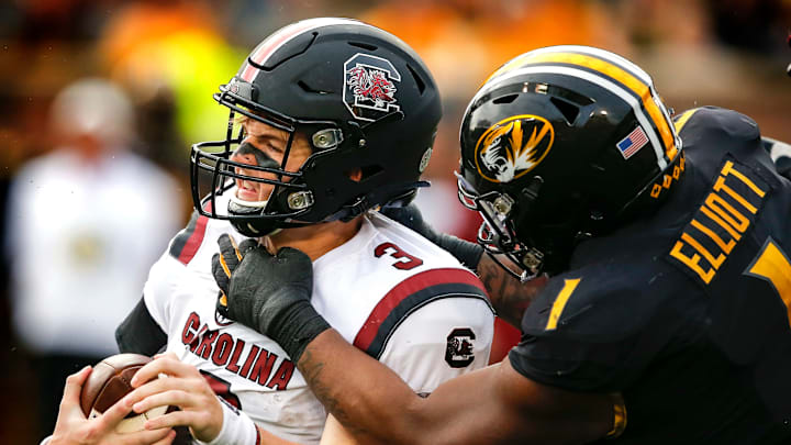 COLUMBIA, MO – SEPTEMBER 21: Jordan Elliott #1 of the Missouri Tigers sacks Ryan Hilinski #3 of the South Carolina Gamecocks in the fourth quarter at Faurot Field/Memorial Stadium on September 21, 2019 in Columbia, Missouri. Missouri won, 34-14. (Photo by David Eulitt/Getty Images)