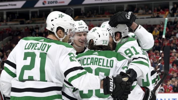 CHICAGO, IL - FEBRUARY 24: Esa Lindell #23 of the Dallas Stars celebrates with teammates after Mats Zuccarello #36 scored against the Chicago Blackhawks in the second period at the United Center on February 24, 2019 in Chicago, Illinois. (Photo by Bill Smith/NHLI via Getty Images)