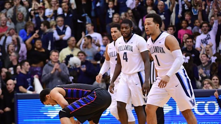 Dec 28, 2016; Villanova, PA, USA; DePaul Blue Demons guard Billy Garrett Jr. (5) reacts after missing a three point shot against the Villanova Wildcats that would of tied the game at the buzzer during the second half at The Pavilion. Villanova defeated DePaul, 68-65. Mandatory Credit: Eric Hartline-USA TODAY Sports