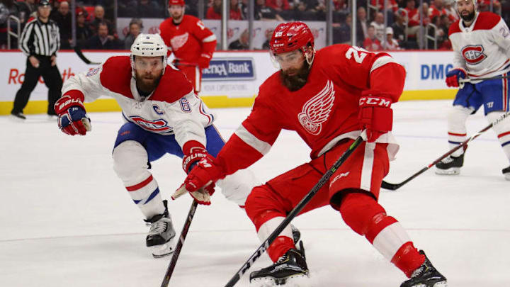 DETROIT, MICHIGAN - FEBRUARY 26: Luke Witkowski #28 of the Detroit Red Wings tries to get around the stick of Shea Weber #6 of the Montreal Canadiens during the second period at Little Caesars Arena on February 26, 2019 in Detroit, Michigan. (Photo by Gregory Shamus/Getty Images)
