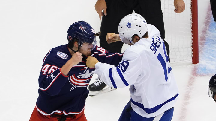 TORONTO, ONTARIO – AUGUST 07: Jason Spezza #19 of the Toronto Maple Leafs and Dean Kukan #46 of the Columbus Blue Jackets . (Photo by Andre Ringuette/Freestyle Photo/Getty Images)