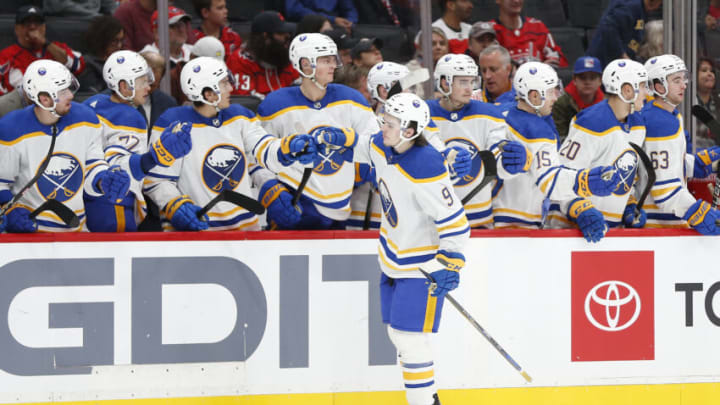 Sep 24, 2023; Washington, District of Columbia, USA; Buffalo Sabres forward Zach Benson (9) celebrates with teammates on the bench after scoring a goal against the Washington Capitals during the third period at Capital One Arena. Mandatory Credit: Amber Searls-USA TODAY Sports