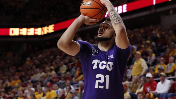 AMES, IA – JANUARY 22: JaKobe Coles #21 of the TCU Horned Frogs takes a three point shot in the second half of play at Hilton Coliseum on January 22, 2022 in Ames, Iowa. The TCU Horned Frogs won 59-44 over the Iowa State Cyclones. (Photo by David K Purdy/Getty Images)