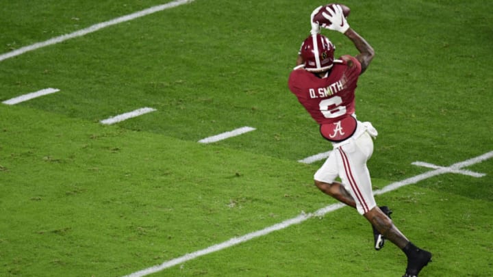 Jan 11, 2021; Miami Gardens, FL, USA; Alabama Crimson Tide wide receiver DeVonta Smith (6) catches a pass against the Ohio State Buckeyes for a touchdown in the second quarter in the 2021 College Football Playoff National Championship Game at Hard Rock Stadium. Mandatory Credit: Douglas DeFelice-USA TODAY Sports