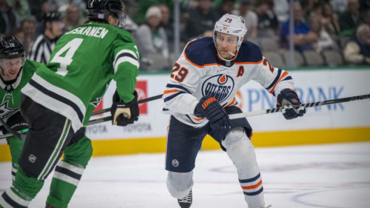 Nov 23, 2021; Dallas, Texas, USA; Edmonton Oilers center Leon Draisaitl (29) in action during the game between the Dallas Stars and the Edmonton Oilers at the American Airlines Center. Mandatory Credit: Jerome Miron-USA TODAY Sports