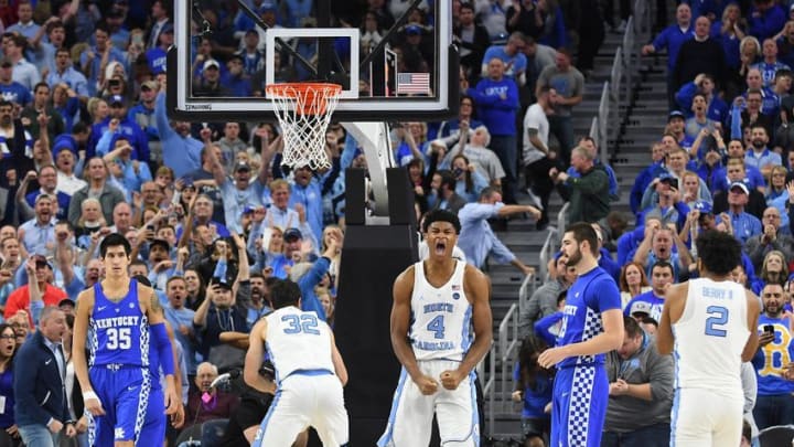 Dec 17, 2016; Las Vegas, NV, USA; North Carolina Tar Heels forward Isaiah Hicks (4) shouts after a teammate scored a basket in the final minutes of a game against the Kentucky Wildcats at T-Mobile Arena. Kentucky won the game 103-100. Mandatory Credit: Stephen R. Sylvanie-USA TODAY Sports