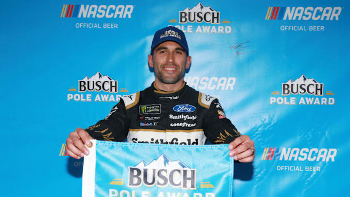 HAMPTON, GA - FEBRUARY 22: Aric Almirola, driver of the #10 Smithfield Ford, poses for a photo after winning the pole award during qualifying for the Monster Energy NASCAR Cup Series Folds of Honor Quiktrip 500 at Atlanta Motor Speedway on February 22, 2019 in Hampton, Georgia. (Photo by Sean Gardner/Getty Images)