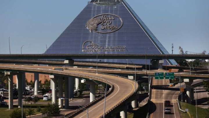 The Bass Pro Shop Pyramid is seen behind the closed access to I-40 West from Downtown Memphis, Tenn. as the Hernando de Soto Bridge remains closed for repairs on Thursday, May 13, 2021. Memphis GrizzliesBridge 11