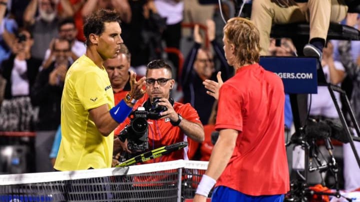 MONTREAL, QC - AUGUST 10: Rafael Nadal of Spain congratulates Denis Shapovalov of Canada for his victory during day seven of the Rogers Cup presented by National Bank at Uniprix Stadium on August 10, 2017 in Montreal, Quebec, Canada. Denis Shapovalov of Canada defeated Rafael Nadal of Spain 6-3, 4-6, 6-7. (Photo by Minas Panagiotakis/Getty Images)