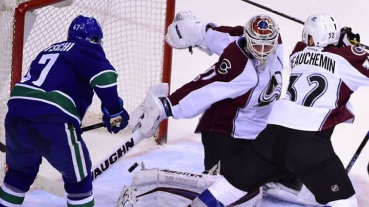 Jan 2, 2017; Vancouver, British Columbia, CAN; Vancouver Canucks forward Sven Baertschi (47) scores a goal against Colorado Avalanche goaltender Calvin Pickard (31) during the third period at Rogers Arena. The Vancouver Canucks won 3-2. Mandatory Credit: Anne-Marie Sorvin-USA TODAY Sports