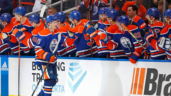 Oct 15, 2022; Edmonton, Alberta, CAN; The Edmonton Oilers celebrate a goal scored by forward Ryan McLeod (71) during the second period against there Calgary Flames at Rogers Place. Mandatory Credit: Perry Nelson-USA TODAY Sports
