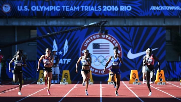 Jul 3, 2016; Eugene, OR, USA; (Left to right) Morolake Akinosun, Jenna Prandini, English Gardner, Tianna Bartlett and Tori Bowie compete in the women