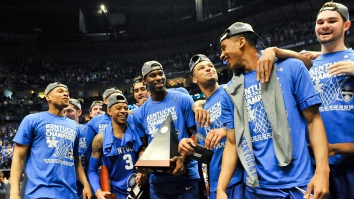 Mar 13, 2016; Nashville, TN, USA; Texas A&M Aggies celebrates after a play during the first half championship game against Kentucky Wildcats of the SEC tournament at Bridgestone Arena. Mandatory Credit: Christopher Hanewinckel-USA TODAY Sports