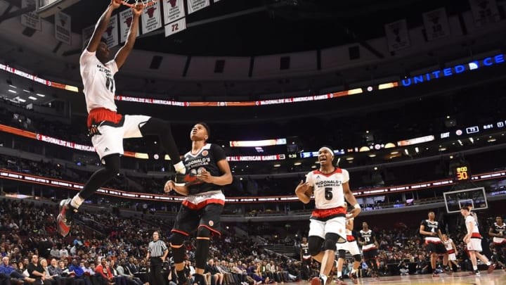 Mar 30, 2016; Chicago, IL, USA; McDonalds High School All-American West's Josh Jackson (11) dunks the ball during the second half at the United Center. Mandatory Credit: Mike DiNovo-USA TODAY Sports