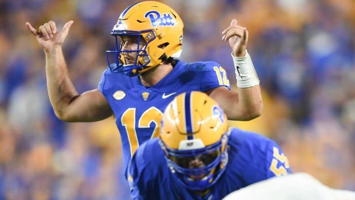 Pittsburgh quarterback Nick Patti (12) signals to teammates during a game between the Tennessee Volunteers and Pittsburgh Panthers in Acrisure Stadium in Pittsburgh, Saturday, Sept. 10, 2022. The Vols defeated Pitt 34-27 in overtime.Tennpitt0910 02616