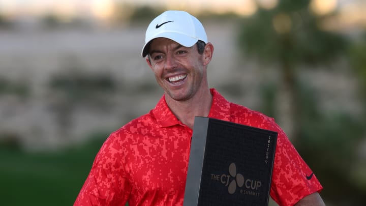 Oct 17, 2021; Las Vegas, Nevada, USA; Rory McIlroy celebrates after winning the CJ Cup golf tournament. Mandatory Credit: Joe Camporeale-USA TODAY Sports