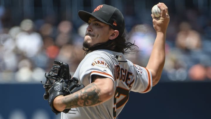 SAN DIEGO, CA - JULY 31: Dereck Rodriguez #57 of the San Francisco Giants pitches during the first inning of a baseball game against the San Diego Padres PETCO Park on July 31, 2018 in San Diego, California. (Photo by Denis Poroy/Getty Images)